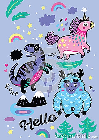 Adorable wallpaper in the childish style with unicorn, yeti, dino Vector Illustration