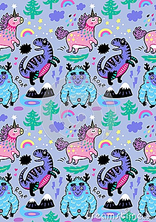 Adorable wallpaper in the childish style with unicorn, yeti, dino Vector Illustration