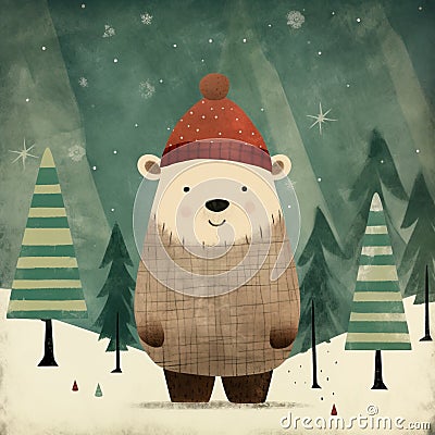 Adorable Watercolor Christmas Bear Greeting Stock Photo