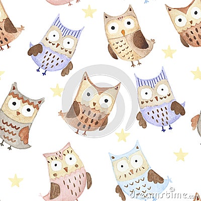 Adorable watercolor owls seamless pattern Stock Photo