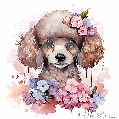 Adorable Watercolor Poodle with Flowers on White Background Stock Photo