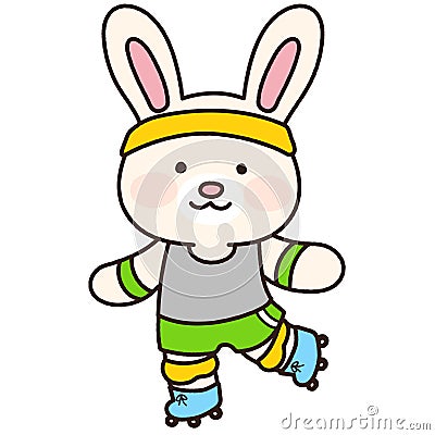 Adorable white bunny rollerblading with knee supporters on outlined Vector Illustration