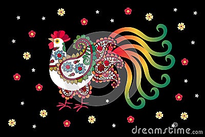 Adorable white cockerel with a rainbow tail and paisley-shaped wings and small flowers isolated on black background. Vector Illustration