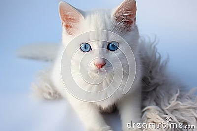 Adorable white kitten showcases irresistible charm with captivating blue eyes. Stock Photo