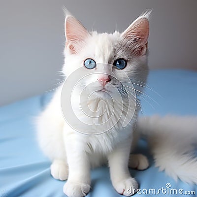 Adorable white kitten showcases irresistible charm with captivating blue eyes. Stock Photo