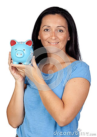 Adorable woman with a blue money-box Stock Photo