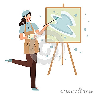 An adorable woman paints an abstract winter picture on canvas. A contemporary artist creates a picture. Young cheerful Vector Illustration