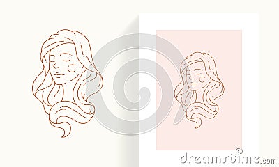 Adorable woman waving hair portrait minimalist icon pastel color postcard with border set vector Vector Illustration