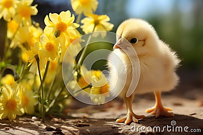 Adorable yellow chick in a playful pose on a sunny, flowery spring day Stock Photo