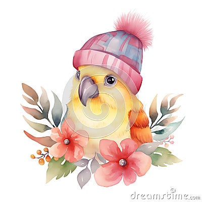 adorable yellow chickadee in a pink winter hat with watercolor flowers on a white background Cartoon Illustration