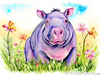 An adorable young hippo in a blooming field is shown in a watercolor. Stock Photo