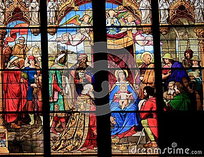 Adoration of the Magi & x28;Epiphany& x29; - Stained Glass Stock Photo