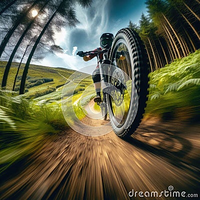 Rider hurtles down off-road track on mountain bike Stock Photo