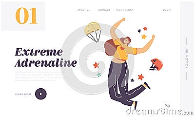 Adrenaline Sport. Parachutist Extreme Landing Page Template. Happy Female Character Jumping with Skydiver Equipment Vector Illustration