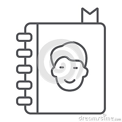 Adress book thin line icon, contacts and notebook, phone book sign, vector graphics, a linear pattern on a white Vector Illustration