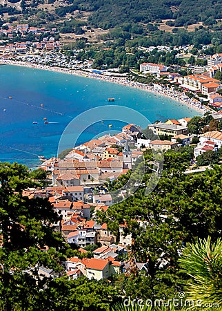 Adriatic town of Baska vertical aerial view Stock Photo