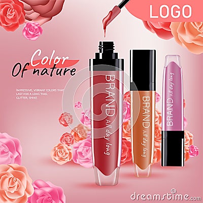 Ads fashion cosmetic collection. Lipstick with rose flower petals. pastel color style organic cosmetics background. White and Vector Illustration