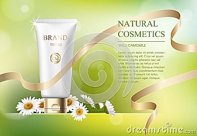 Ads template, blank skin care mockup with realistic daisy, plastic tubes for cosmetic products and gold tape on green Vector Illustration