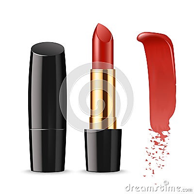 Ads template mockup realistic makeup cosmetic lipstick and smears lipsticks in black a pack on a white background. Vector Illustration