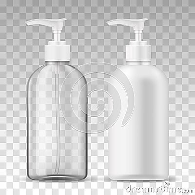 Ads template mockup two realistic plastic bottles with dispenser airless pump transparent and white for liquid gel, soap Vector Illustration