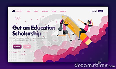 Ads to get educational scholarships with flat cartoon for Landing Page or website. Illustration of a student riding a pencil. Can Vector Illustration