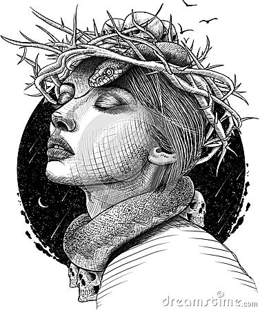 Woman illustration with snake, skulls and thorns. Dangerously Cartoon Illustration