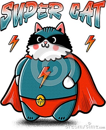 Funny Super Cat Illustration with Superhero Cape, Costume and Mask Stock Photo