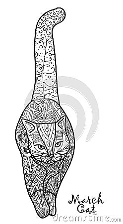 Adult antistress coloring illustration.The march cat. Painted the cat black and white image. Hand drawn doodle. Vector Illustration