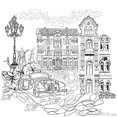 Adult antistress coloring with sity streets and a car. Vector Illustration