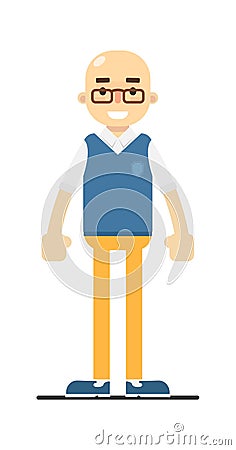 Adult bald man in pullover, pants and shirt Cartoon Illustration