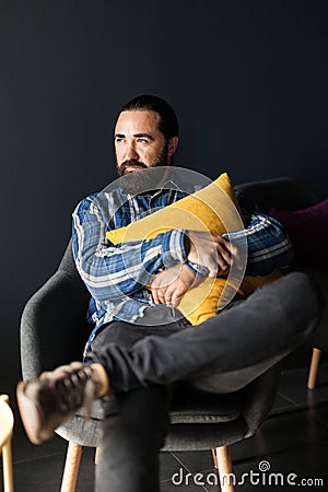 Adult beard man relax on chair. Total relaxation Stock Photo