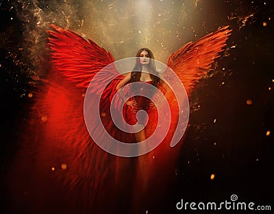 An adult beautiful fantasy girl a fallen angel with spread huge red wings. Art black background with sparks, glitters Stock Photo