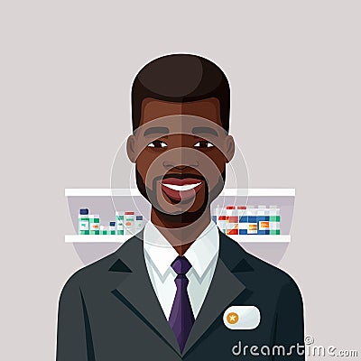 an adult black man working a pharmacist, with shelf of drugstore drugs in the background Vector Illustration