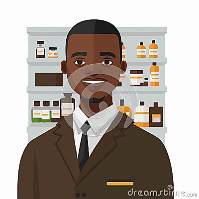 an adult black man working a pharmacist, with shelf of drugstore drugs in the background Vector Illustration