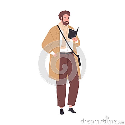 Adult book fan reading literature. Man standing with novel in hands. Modern professor holding textbook. Smart mature Vector Illustration