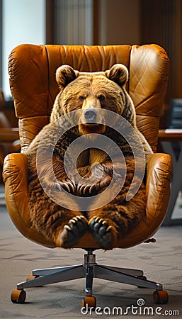 Adult Brown Bear Relaxed in Vintage Leather Office Chair. White background. Animal in human setting Stock Photo