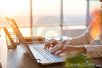 Adult businesswoman working at home using computer, studying business ideas on a pc screen Stock Photo