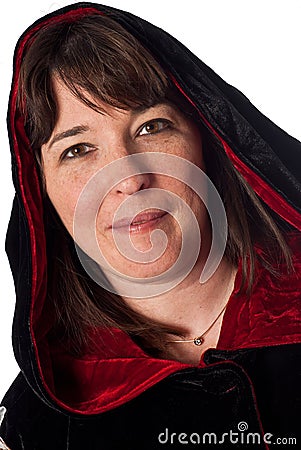 Adult caucasian female wearing a black and red robe Stock Photo