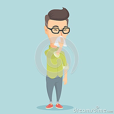 Adult caucasian sick man sneezing. Vector Illustration