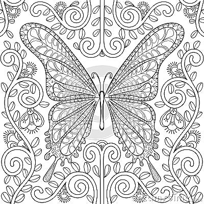 Adult coloring book with butterfly in flowers pages, zentangle v Vector Illustration