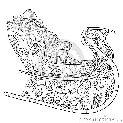 Adult coloring book,page a Christmas sleigh with decoration ornaments for relaxing.Zentangle. Vector Illustration