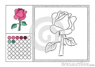 Adult coloring book page colored template, decorative frame and color swatch - vector black and white contour picture - pink Vector Illustration