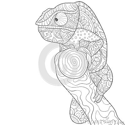 Adult coloring book,page a cute cameleon on a brunch image for relaxing.Zen art style illustration for print Vector Illustration