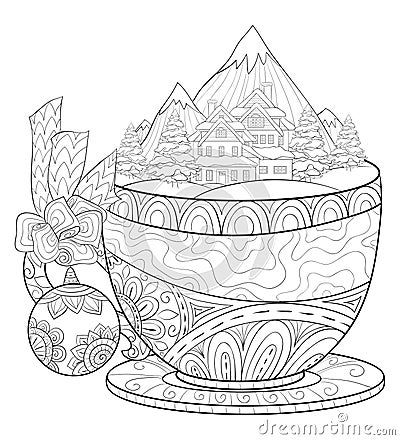 Adult coloring book,page a cute cup with winter lanscape and Christmas decoration ball and bow for relaxing. Vector Illustration
