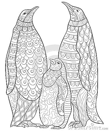 Adult coloring book,page a cute family of penguins image for relaxing. Vector Illustration