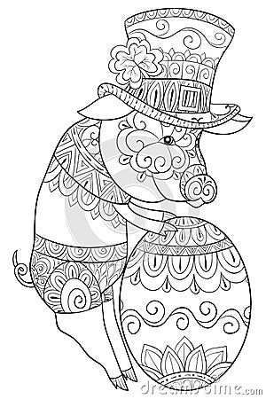 Adult coloring book,page a cute pig with egg for relaxing.Saint Patrick Day. Vector Illustration