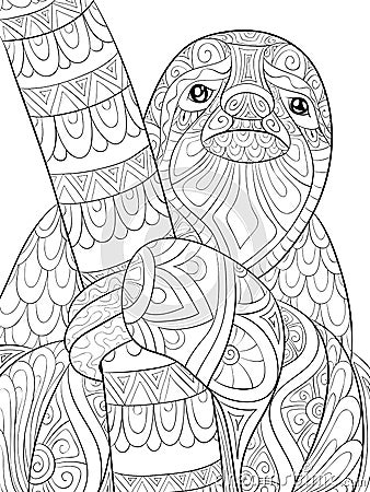 Adult coloring book,page a cute sloth on the brunch image for relaxing. Vector Illustration