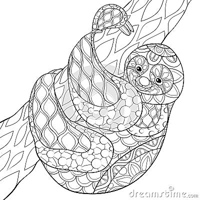 Adult coloring book,page a cute sloth on the brunch image for relaxing. Vector Illustration