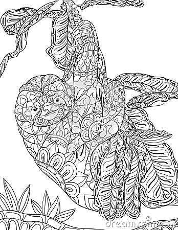 Adult coloring book,page a cute sloth on the brunch image for relaxing. Vector Illustration