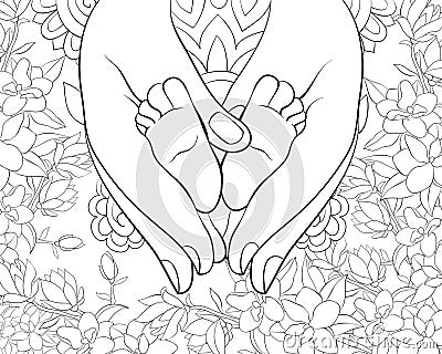 Adult coloring book,page the feet of child in the hands on the abstract background image for relaxing. Vector Illustration